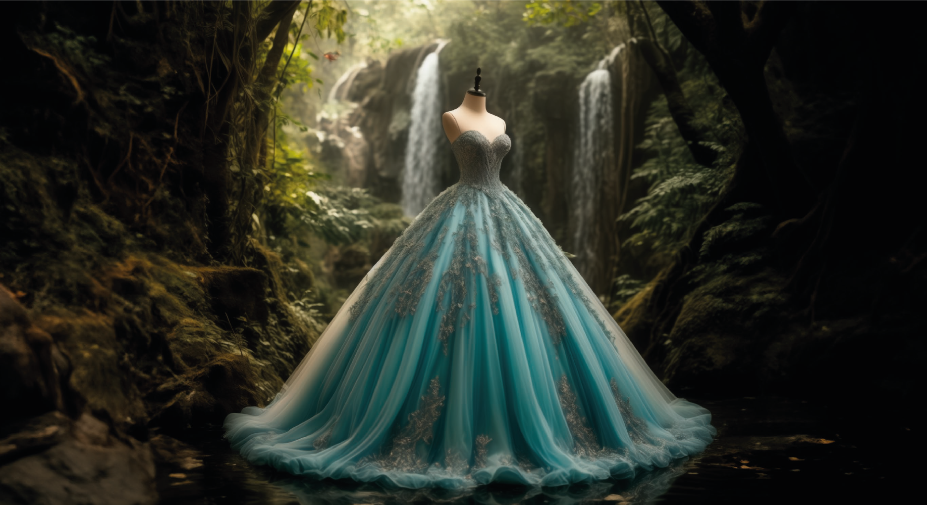 Luxury blue quinceañera gown displayed in a lush forest with waterfalls, representing Bella Krystal’s elegance and artistry in couture fashion.