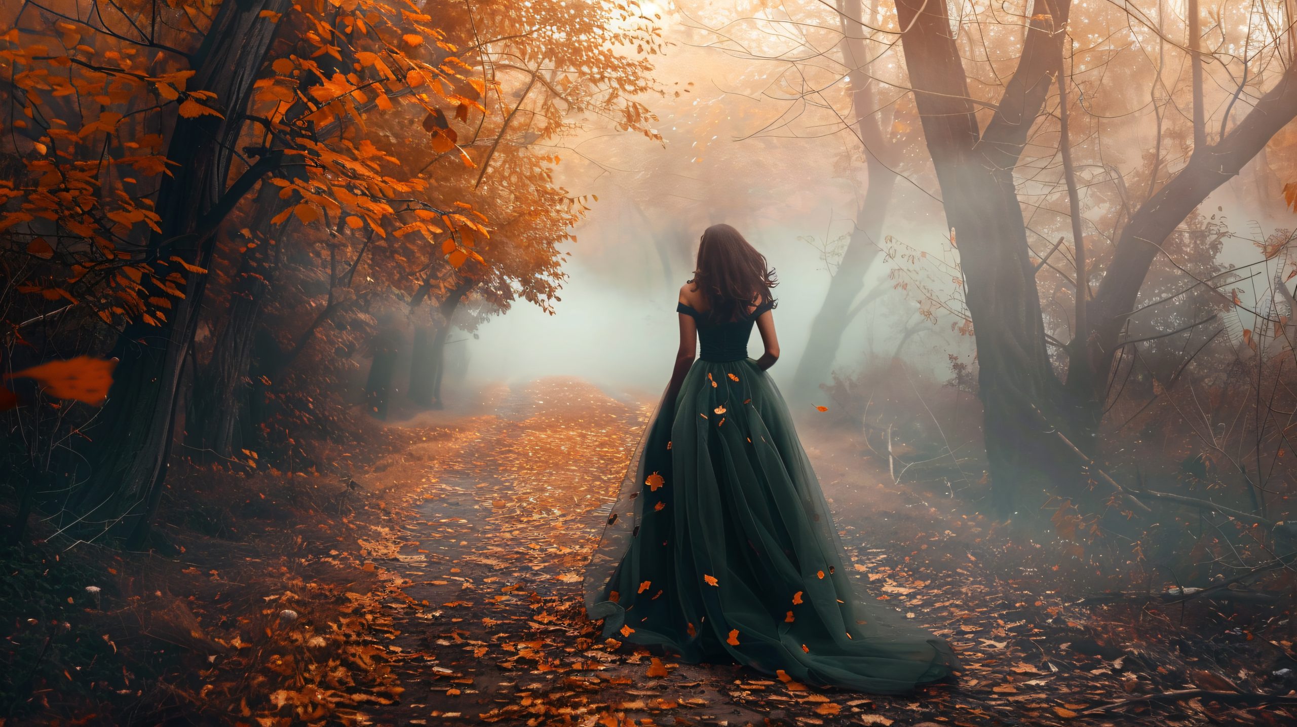 Woman in an emerald green gown walking through a misty autumn forest filled with golden leaves.