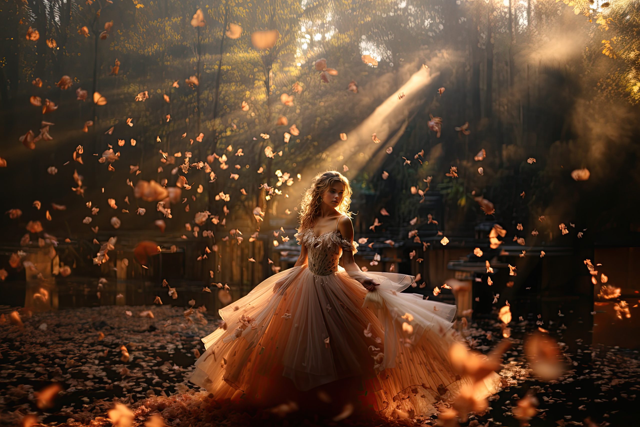 Woman in a peach-colored tulle gown surrounded by falling rose petals and warm light beams.