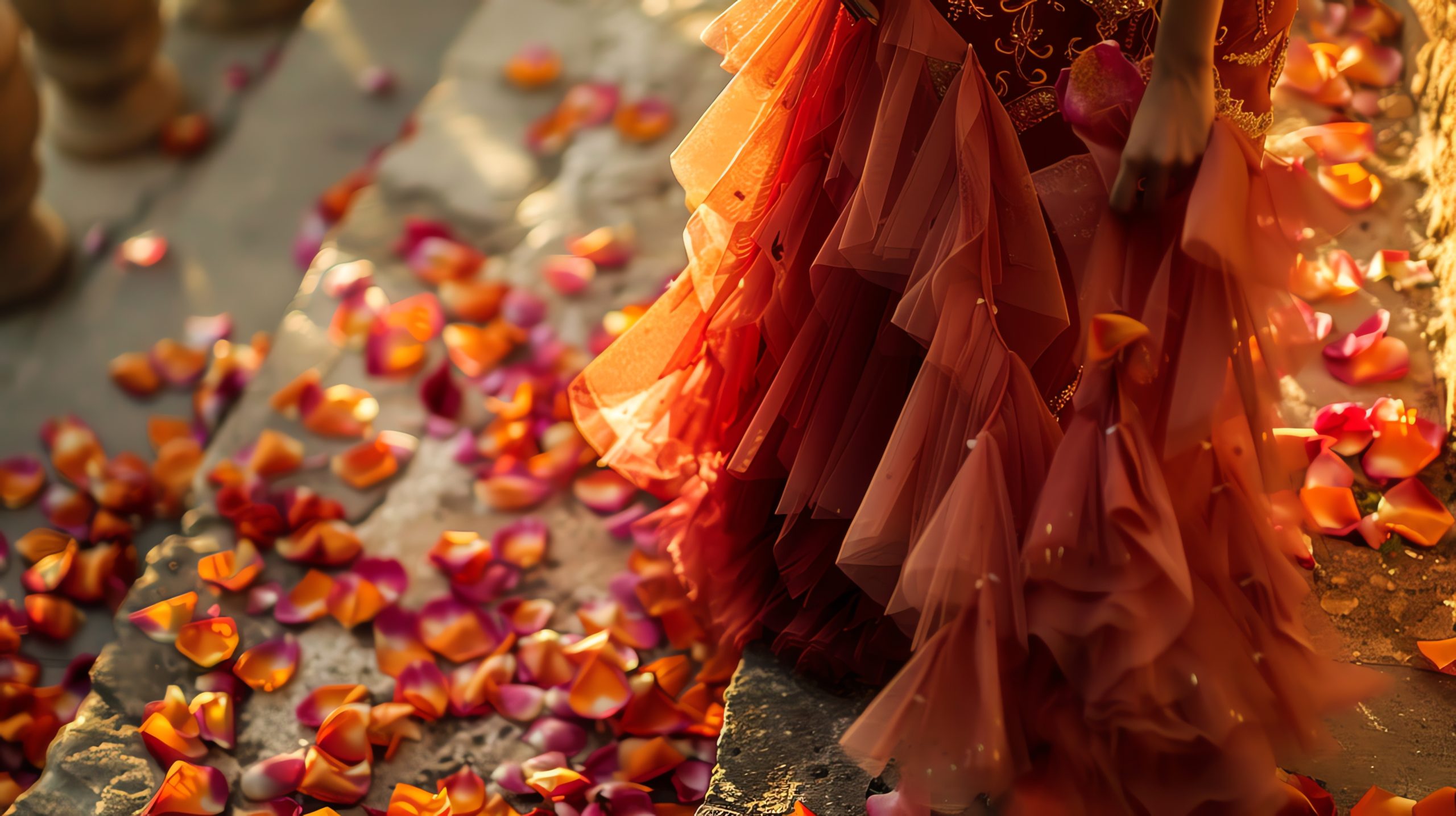 Close-up of a woman in a rust-colored tulle gown surrounded by rose petals.