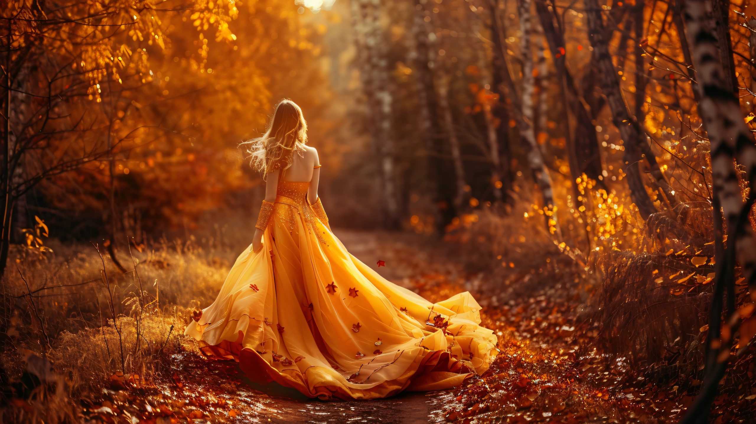 Elegant woman wearing a golden gown walking through an autumn forest filled with warm sunlight and falling leaves.