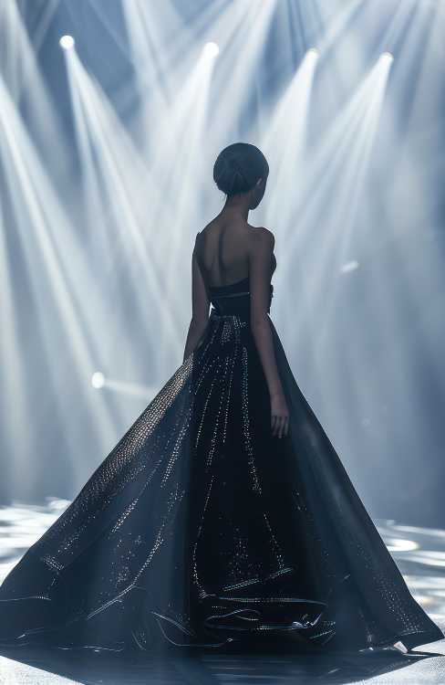 Illuminated runway featuring luxury couture dresses by Bella Krystal under spotlights.