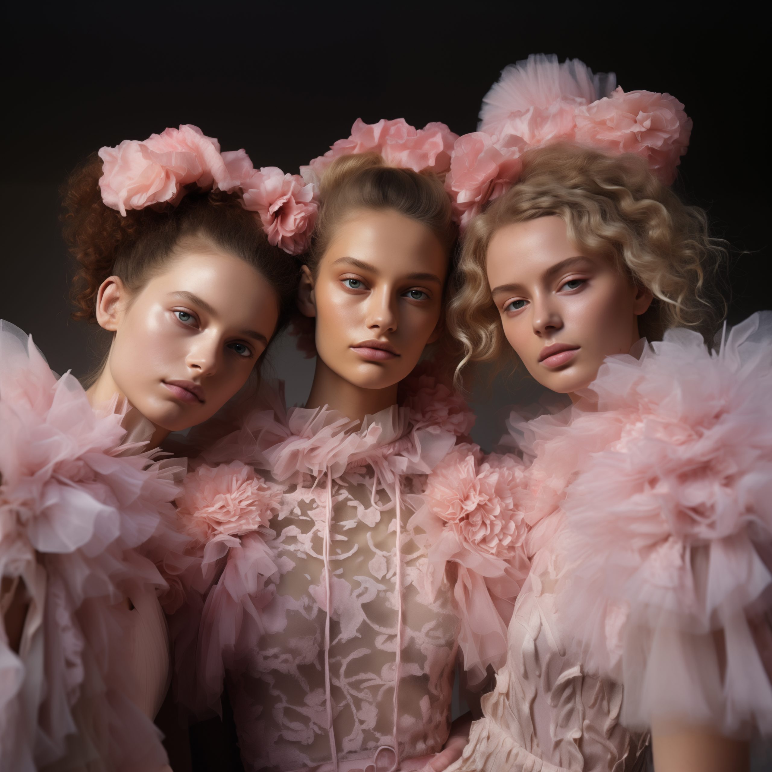 Three women wearing delicate pink floral gowns, posing together in elegant harmony.