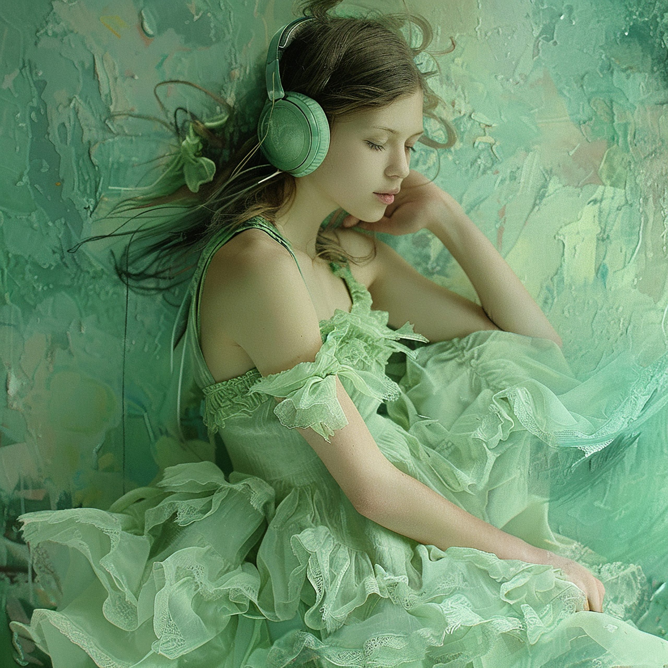 Woman wearing a green chiffon gown with headphones, representing serenity and empowerment.