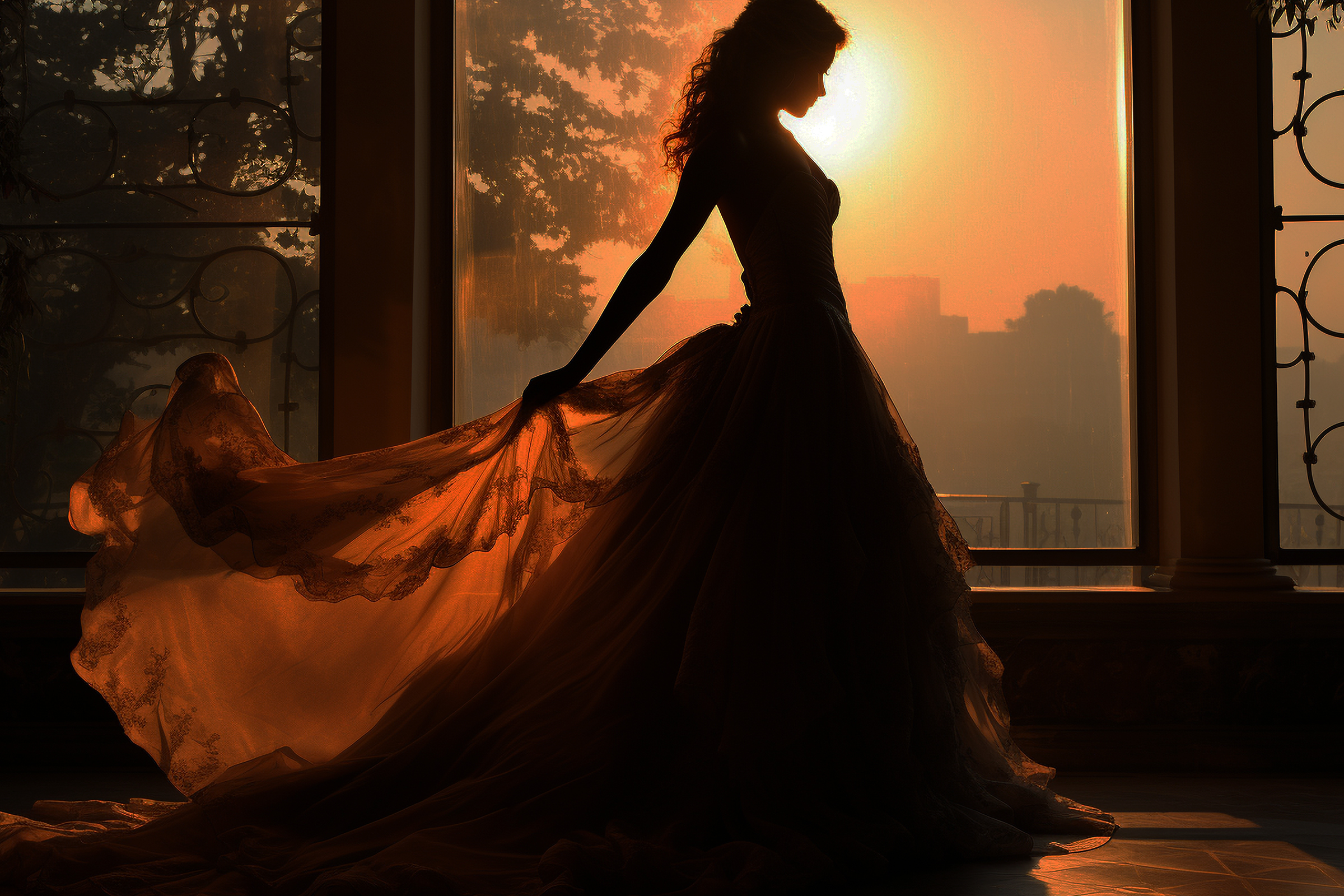 Woman in a flowing gown standing by a window at sunset, representing Bella Krystal’s timeless elegance and sophistication.