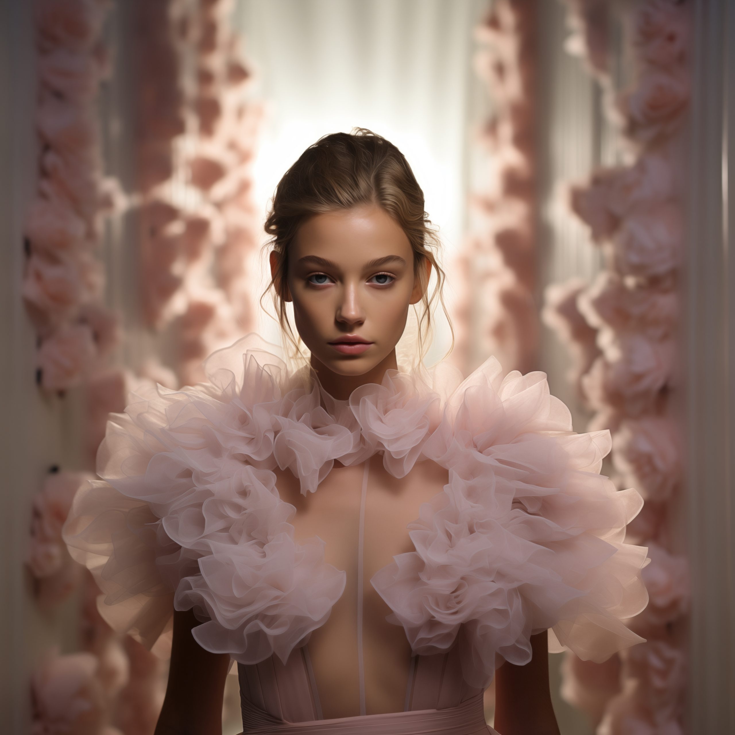 Elegant woman wearing a soft pink tulle gown surrounded by rose petals, reflecting sophistication and transparency.